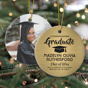 Photo Graduation Congrats Brushed Black and Gold Ceramic Tree Decoration