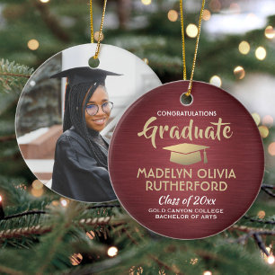 Photo Graduation Congrats Brushed Burgundy & Gold Ceramic Tree Decoration
