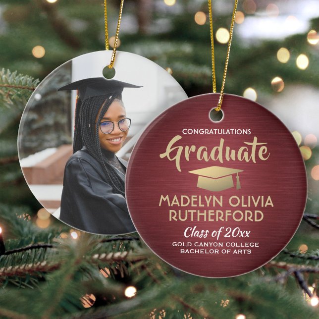 Photo Graduation Congrats Brushed Burgundy & Gold Ceramic Tree Decoration (Creator Uploaded)