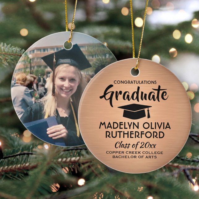 Photo Graduation Congrats Brushed Copper & Black Ceramic Tree Decoration (Creator Uploaded)