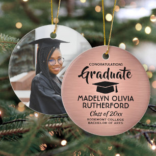 Photo Graduation Congrats Brushed Pink Rose Gold Ceramic Tree Decoration