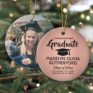 Photo Graduation Congrats Brushed Pink Rose Gold Ceramic Tree Decoration
