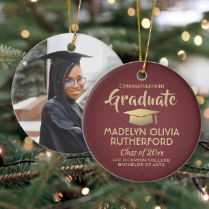 Photo Graduation Congrats Burgundy Red and Gold Ceramic Tree Decoration