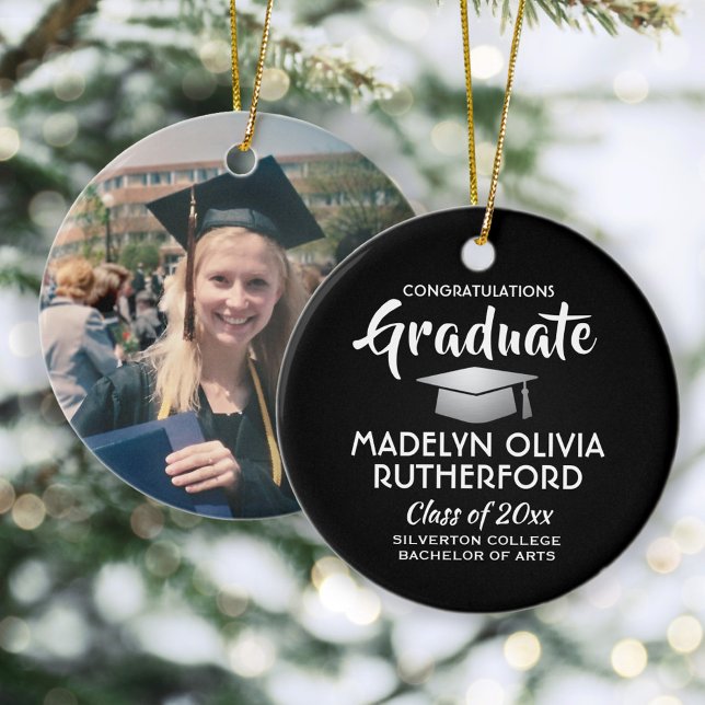 Photo Graduation Congrats Modern Black and White Ceramic Tree Decoration (Creator Uploaded)