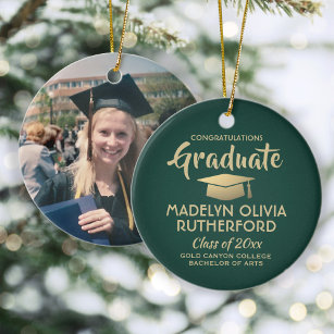 Photo Graduation Congrats Modern Green and Gold Ceramic Tree Decoration
