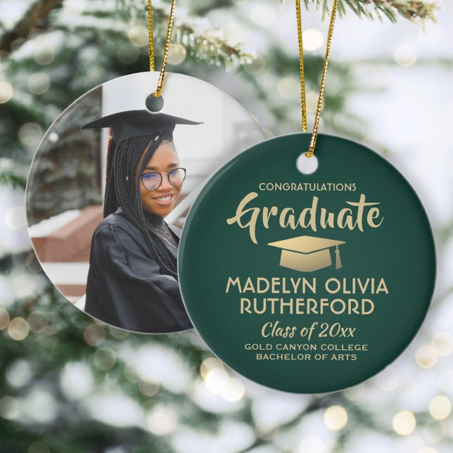 Photo Graduation Congrats Modern Green and Gold Ceramic Tree Decoration (Creator Uploaded)