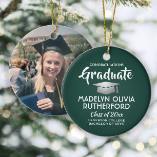 Photo Graduation Congrats Modern Green and White Ceramic Tree Decoration