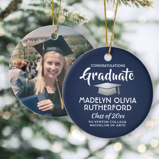 Photo Graduation Congrats Modern Navy Blue & White Ceramic Tree Decoration (Creator Uploaded)