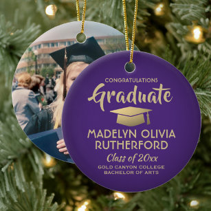 Photo Graduation Congrats Modern Purple and Gold Ceramic Tree Decoration