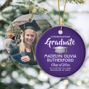 Photo Graduation Congrats Modern Purple and White Ceramic Tree Decoration
