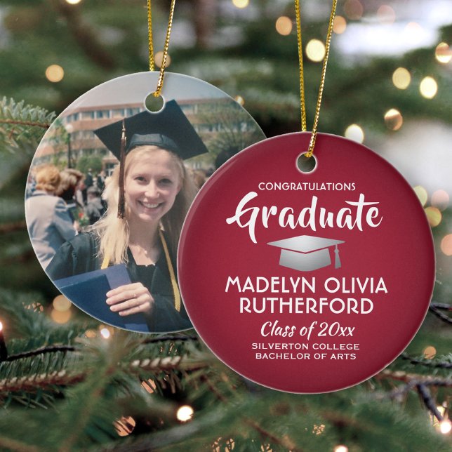 Photo Graduation Congrats Modern Red and White Ceramic Tree Decoration (Creator Uploaded)