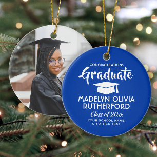 Photo Graduation Congrats Royal Blue and White Ceramic Tree Decoration