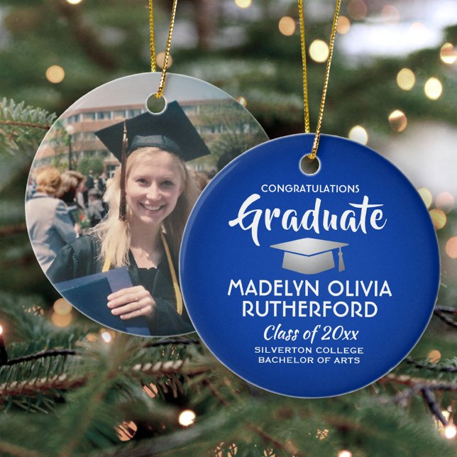 Photo Graduation Congrats Royal Blue and White Ceramic Tree Decoration (Creator Uploaded)