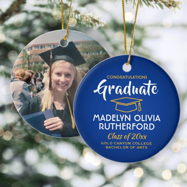 Photo Graduation Congrats Royal Blue Gold Yellow Ceramic Tree Decoration (Creator Uploaded)