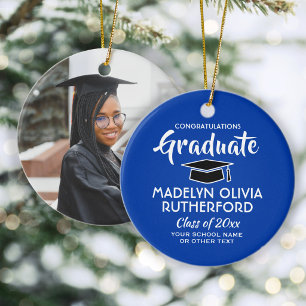Photo Graduation Congrats Royal Blue White Black Ceramic Tree Decoration