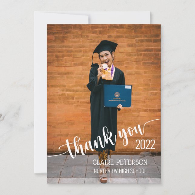 Photo Graduation Elegant Script Thank You Card (Front)