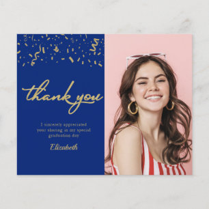 Photo Graduation Gold Blue Budget Thank You Card