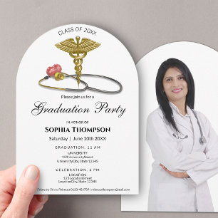 Photo Graduation Gold Caduceus Stethoscope Arch Invitation