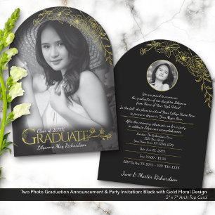 Photo Graduation Invitation Black & Gold Floral