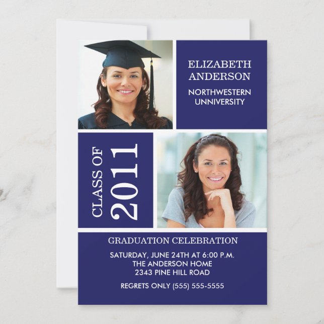 Photo Graduation Invitation ~Classy Blue & White (Front)