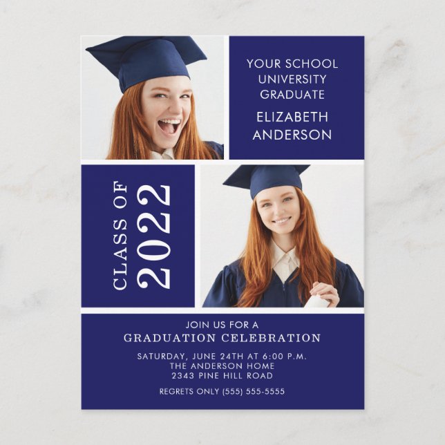 Photo Graduation Invitation ~Classy Blue & White Postcard (Front)