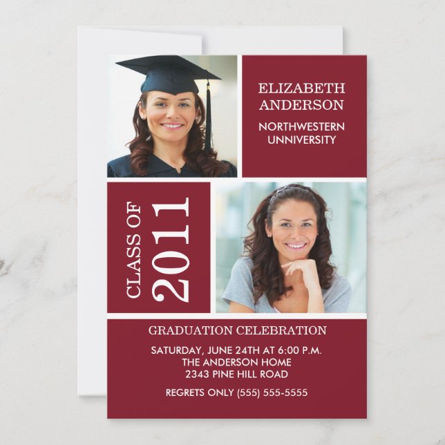 Photo Graduation Invitation ~Classy Maroon & White (Front)