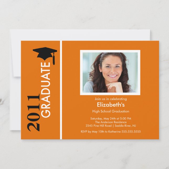 Photo Graduation Invitation Classy Orange & Black (Front)