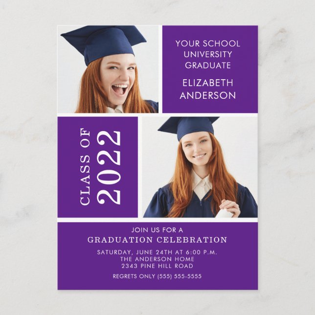 Photo Graduation Invitation ~Classy Purple & White Postcard (Front)
