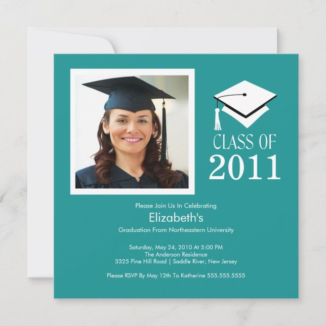 Photo Graduation Invitation Classy Turquoise White (Front)