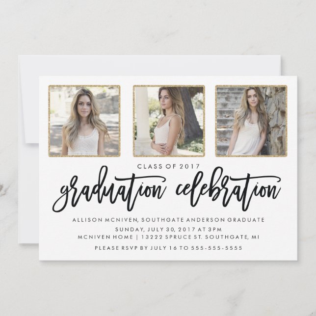 Photo Graduation Invitation | Modern Black & Gold (Front)