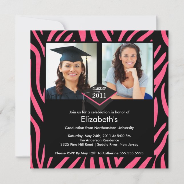 Photo Graduation Invitation Pink Zebra Print (Front)