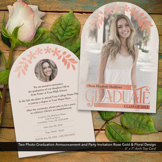 Photo Graduation Invitation Rose Gold Floral (Two Photo Graduation Announcement and Invitation with Faux Embossed Rose Gold and Floral Details)