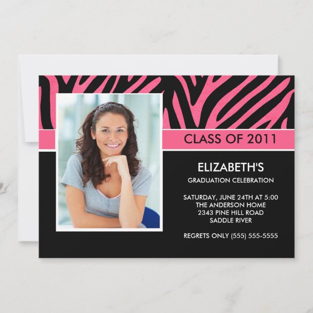 Photo Graduation Invitation ~Trendy Pink Zebra (Front)