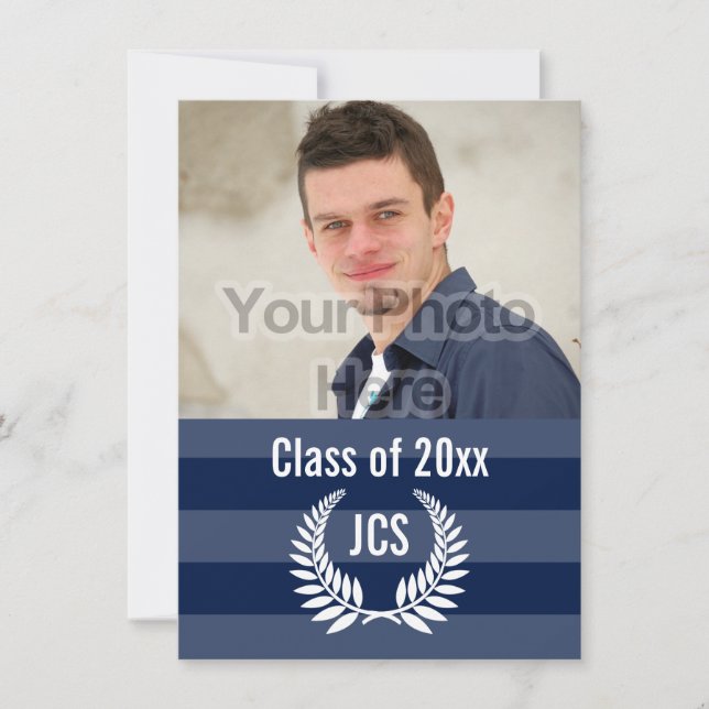 Photo Graduation Monogram Laurel Blue Stripe Invitation (Front)