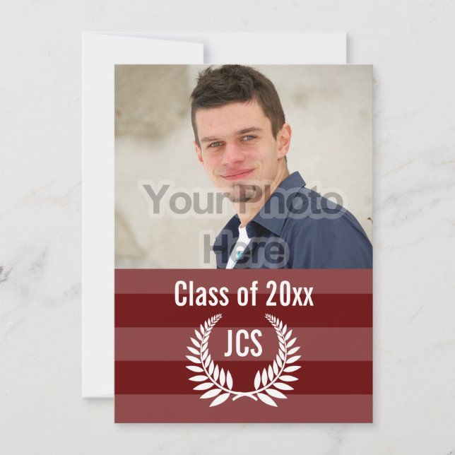 Photo Graduation Monogram Laurel Red Maroon Stripe Invitation (Front)