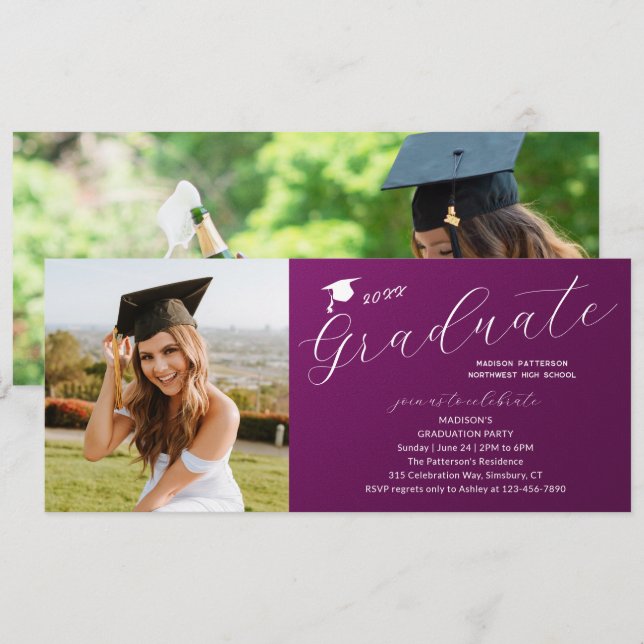 Photo Graduation Party Elegant Modern Script Invitation (Front/Back)