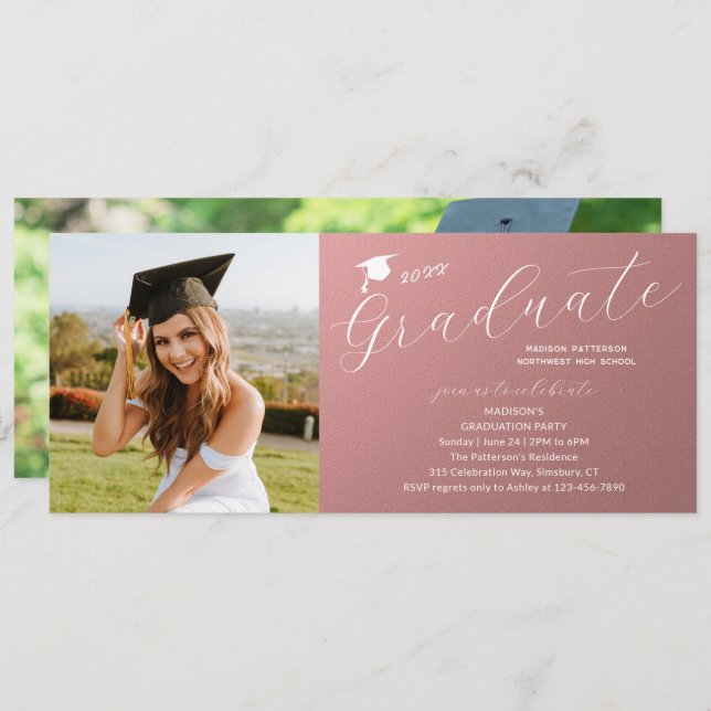Photo Graduation Party Elegant Modern Script Invitation (Front/Back)