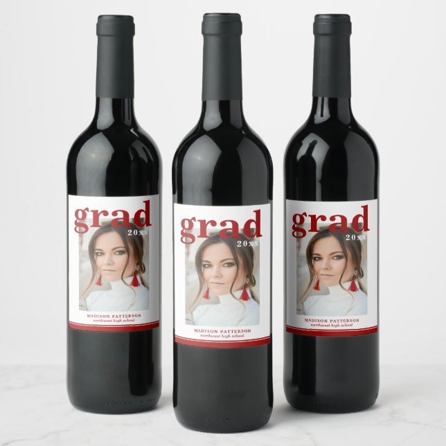 Photo Graduation Party Elegant Modern Script Wine Label (Bottles)
