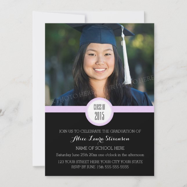 Photo Graduation Party Invitation Black Purple (Front)