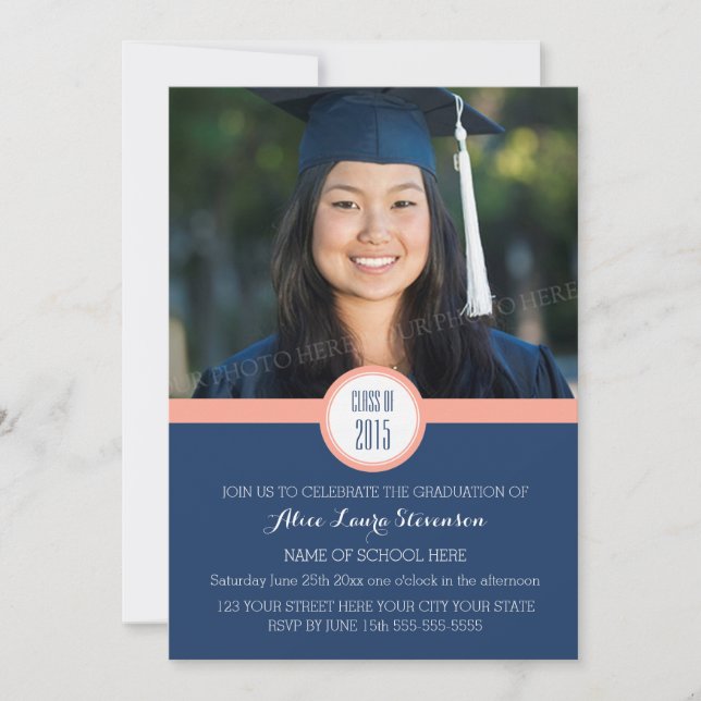 Photo Graduation Party Invitation Blue Coral (Front)