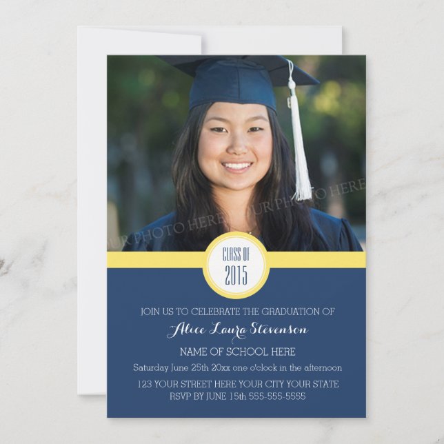 Photo Graduation Party Invitation Blue Yellow (Front)