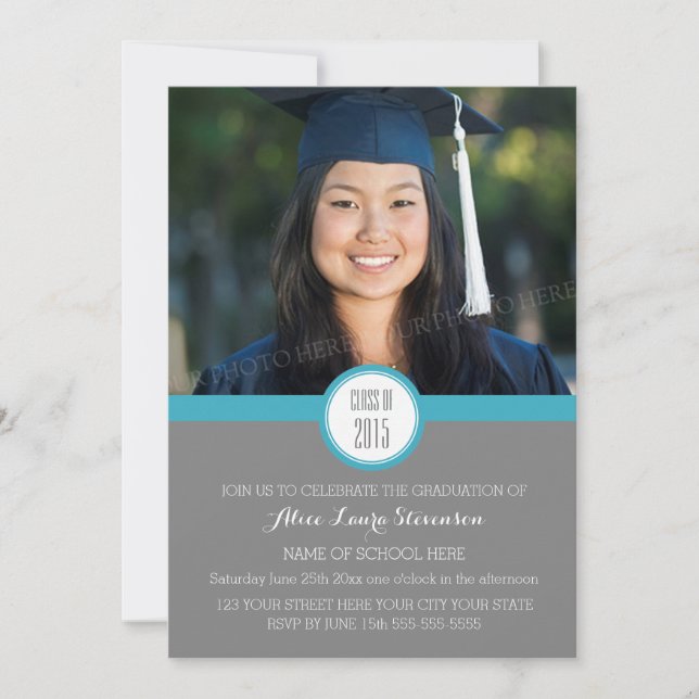 Photo Graduation Party Invitation Grey Blue (Front)
