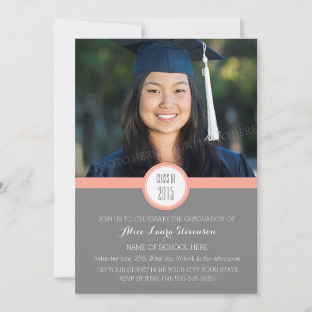 Photo Graduation Party Invitation Grey Coral (Front)