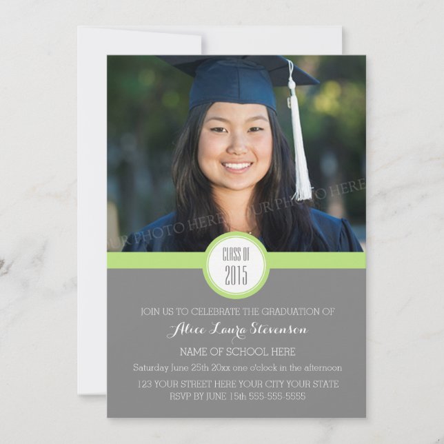 Photo Graduation Party Invitation Grey Lime Green (Front)