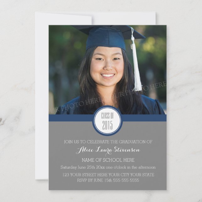 Photo Graduation Party Invitation Grey Navy Blue (Front)