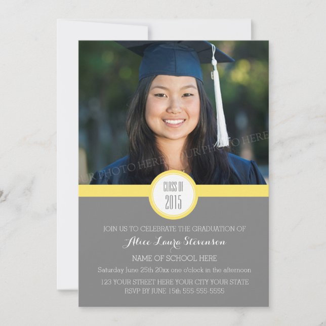Photo Graduation Party Invitation Grey Yellow (Front)