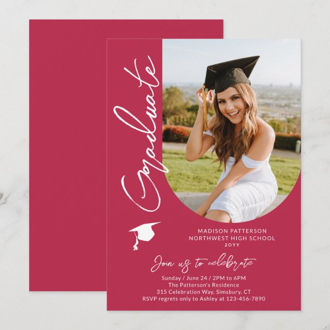 Photo Graduation Party Modern Elegant Script Invitation (Front/Back)