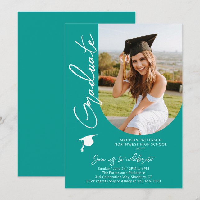 Photo Graduation Party Modern Elegant Script Invitation (Front/Back)