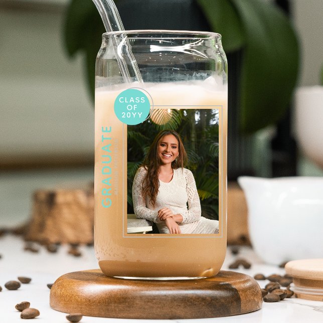 Photo Graduation Party Modern Script Blue Silver Can Glass (Creator Uploaded)