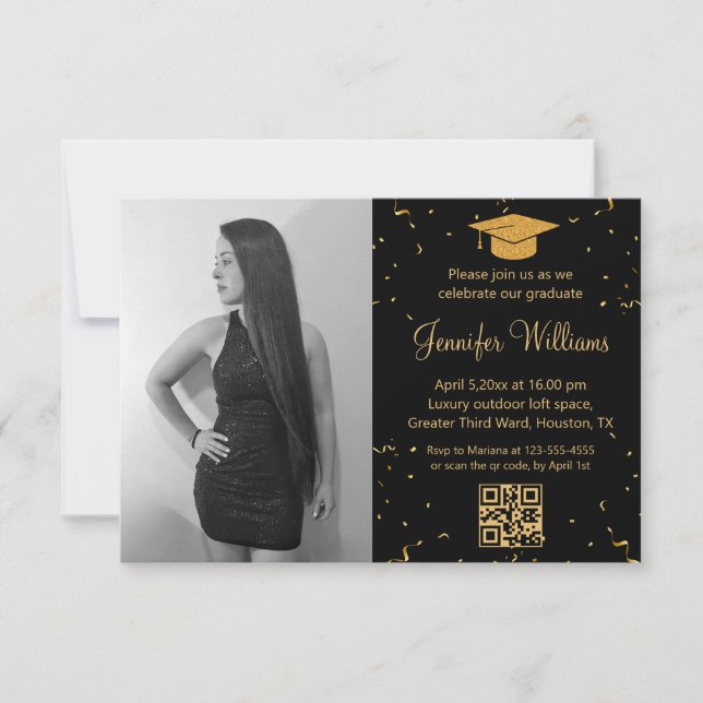 photo graduation party qr code confetti black gold invitation (Front)